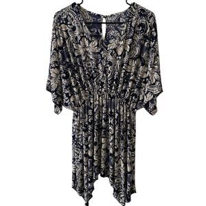 LILDY Kimono Sleeve Tunic Paisley Floral Size S/M Navy Blue Cream Coastal Summer